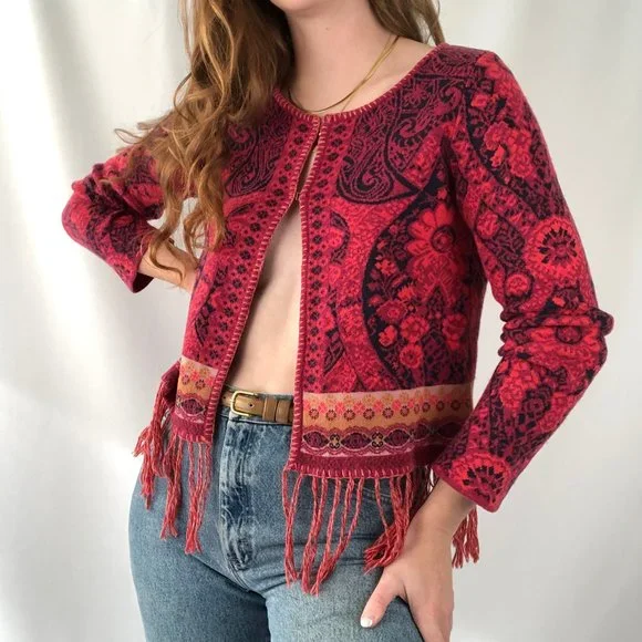 Stunning Vintage Cooi Knit Nordic Fringe Cropped Boho Cardigan Sweater Bohemian - Picture 9 of 9